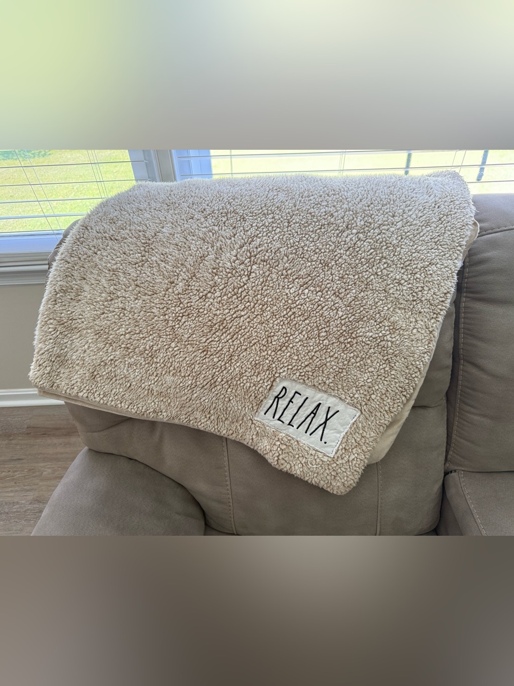 Rae Dunn Sherpa Throw Blanket - Beige "RELAX"